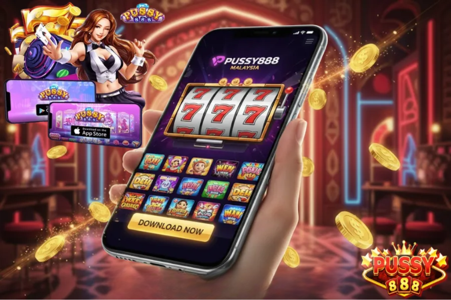 Smartphone installing the Pussy888 app with Android APK and iOS install badges