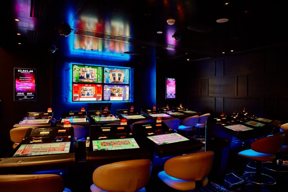 Online casino chips and playing cards on a glowing green felt table representing Crown Casino online Australia