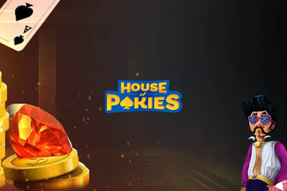Three slot reels showing sevens, stars and A-K-Q symbols above a gold House of Pokies login button