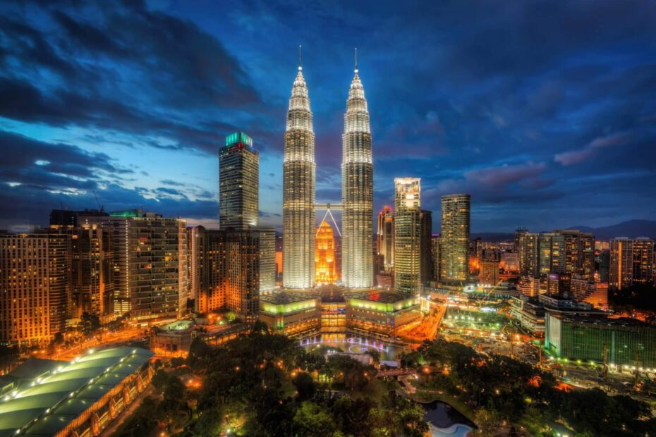 Kuala Lumpur skyline at dusk showing where Mega888 is located in Malaysia