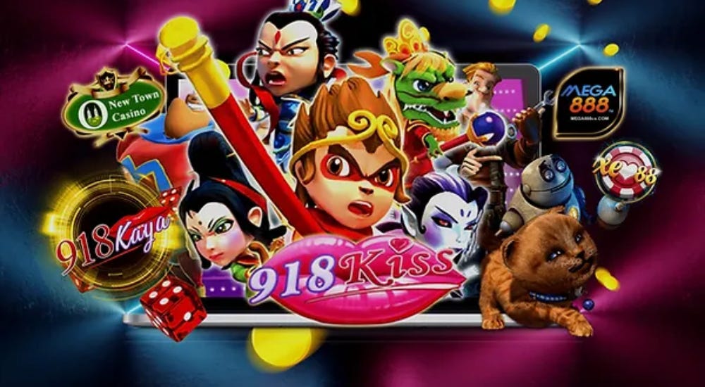Row of 918kiss casino slot machines displaying Triple Fortune Dragon and other slot game screens with reels