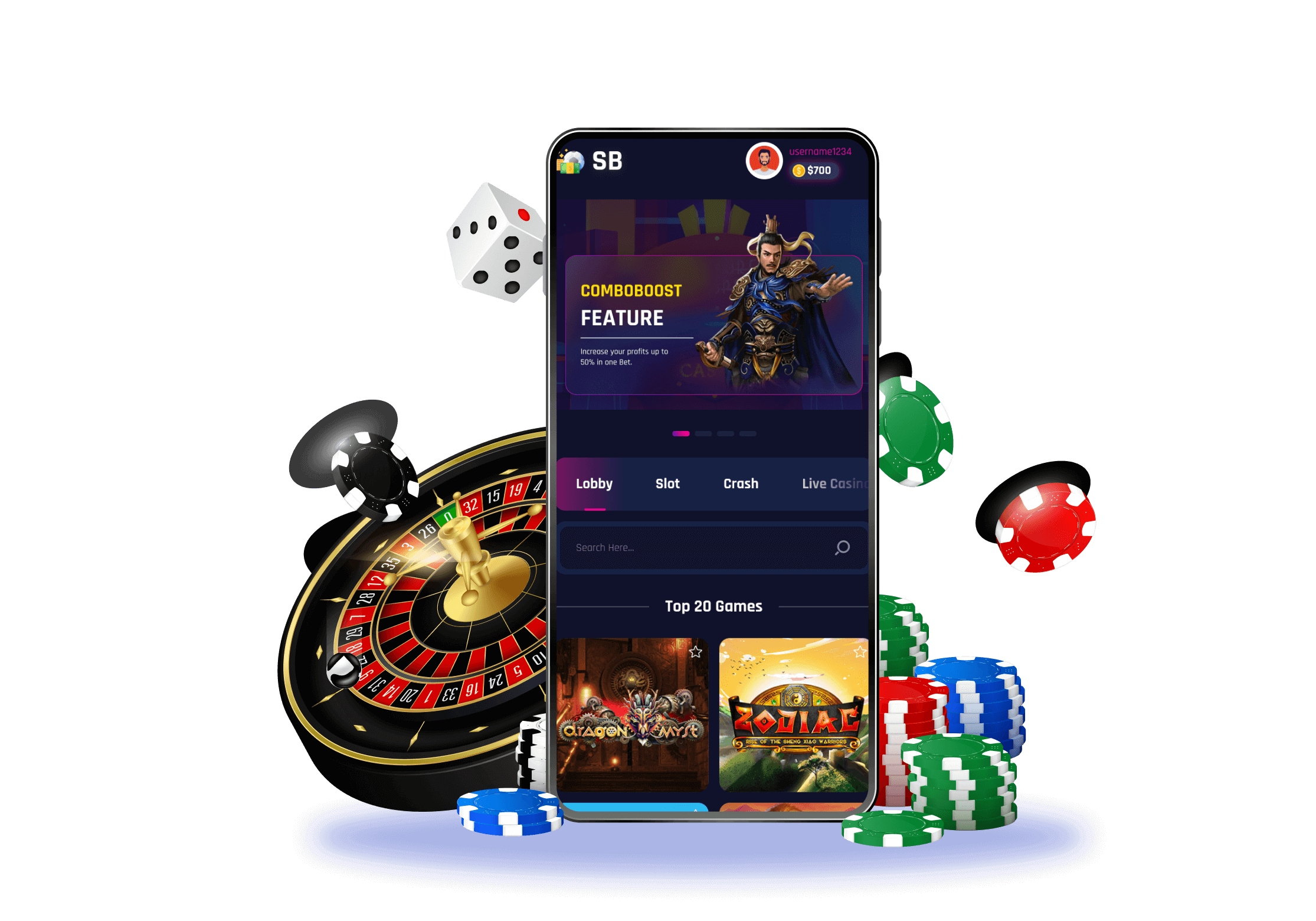 Smartphone showing a mobile casino app interface, representing the 12 Joker mobile platform for Malaysian players