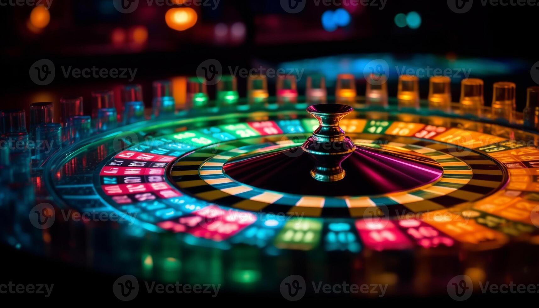 Close-up of a classic European roulette wheel with red, black and green segments and the ball coming to rest at night