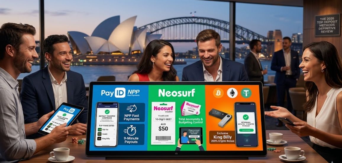 Six payment method tiles for House of Pokies: PayID, Visa, Mastercard, Neosurf, Bank Transfer and Bitcoin with timing details