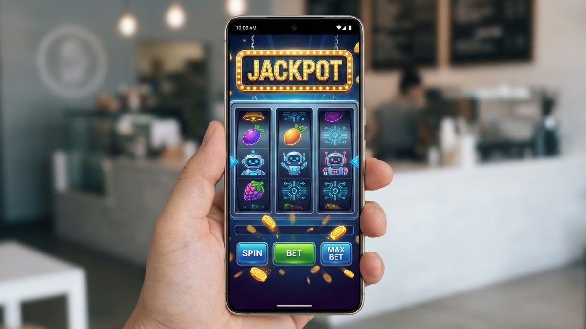 Hands holding a smartphone running a mobile slot game with 777 reels after Pokie Spins login