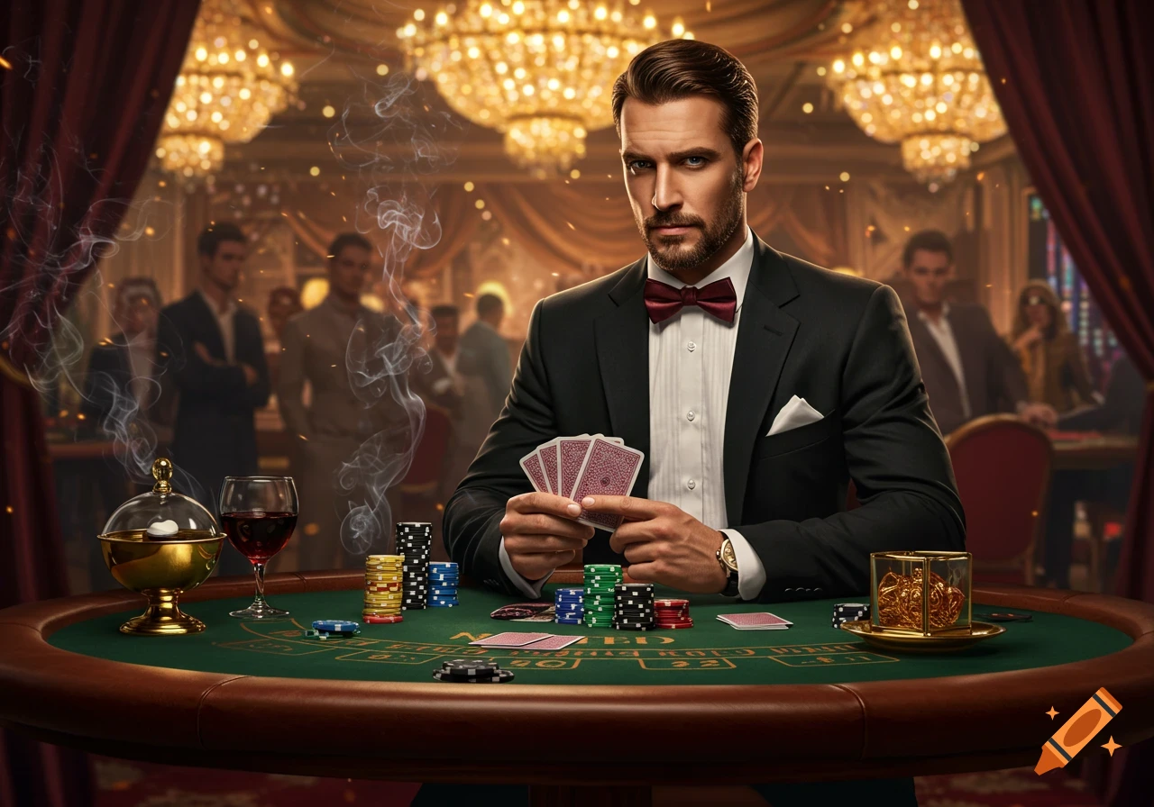 Stack of poker cards including the ace of spades arranged on a green felt table beside a black bow tie, evoking the Casino Royale dress code