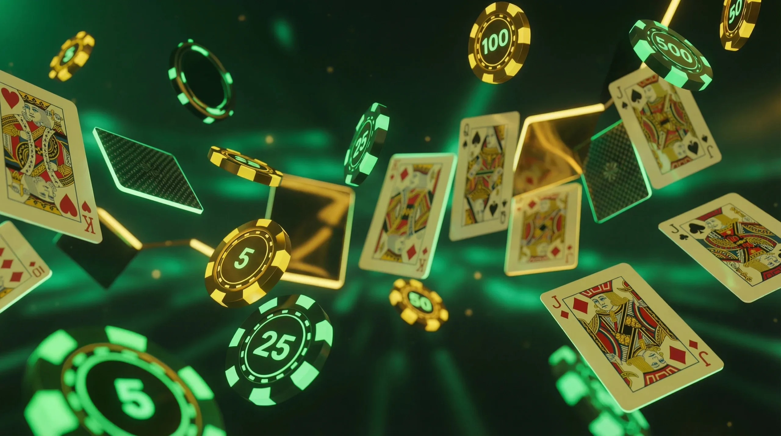 Stacks of casino chips beside playing cards illustrating the Pokie Spins welcome bonus and free spins