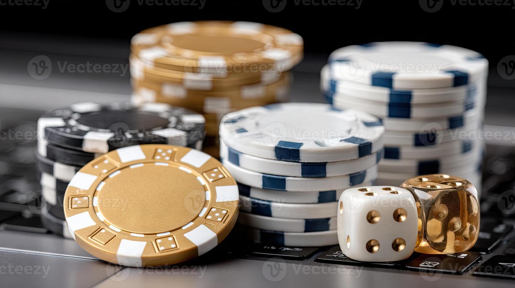 Laptop screen showing online poker interface with PLAY NOW button, casino chips and ace-king cards on green felt