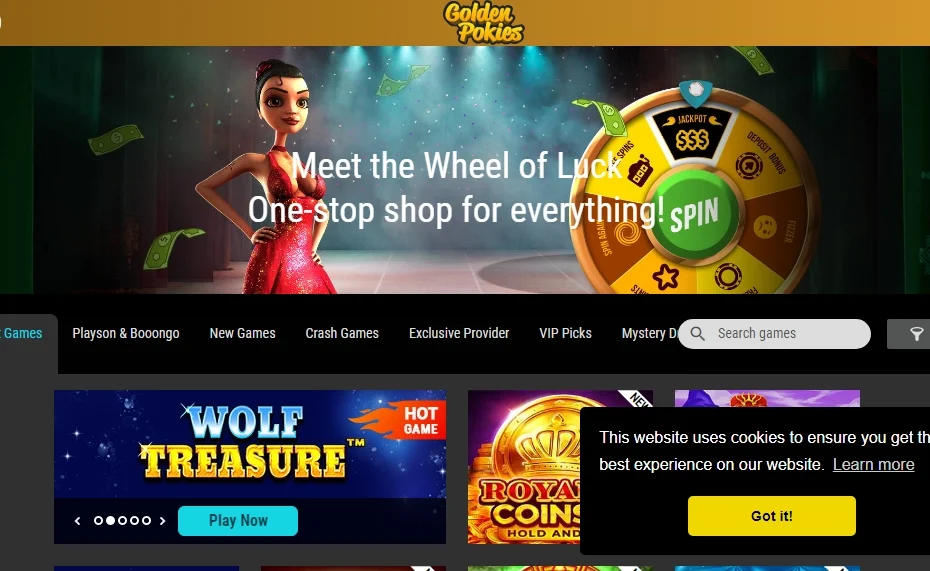 Golden Pokies casino no deposit bonus shown as slot reels with 25 free spins and 50x wagering chips
