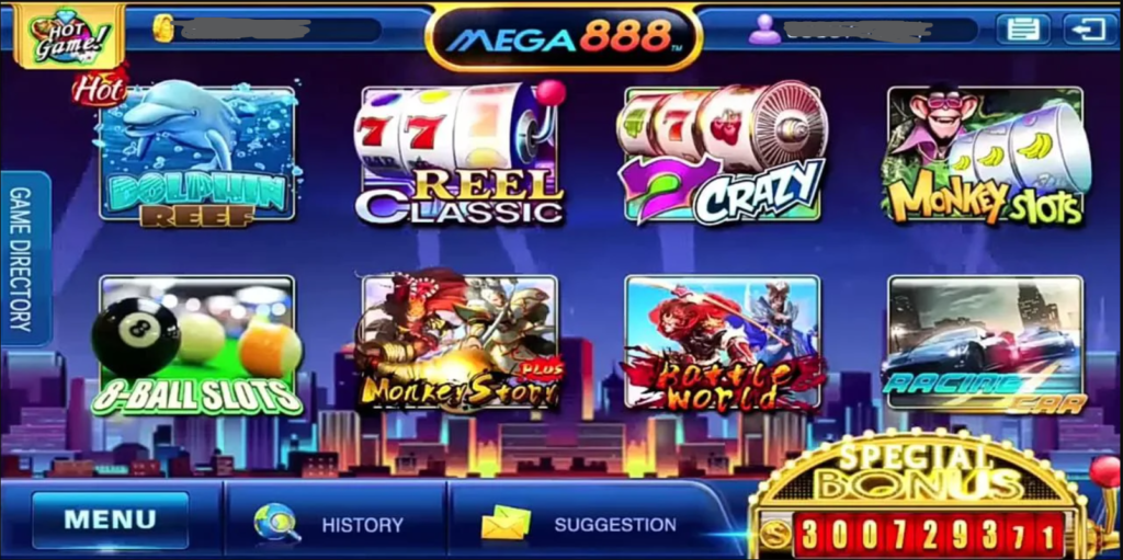 Smartphone showing Mega888 slot reels and a spin button, illustrating the mobile slots app
