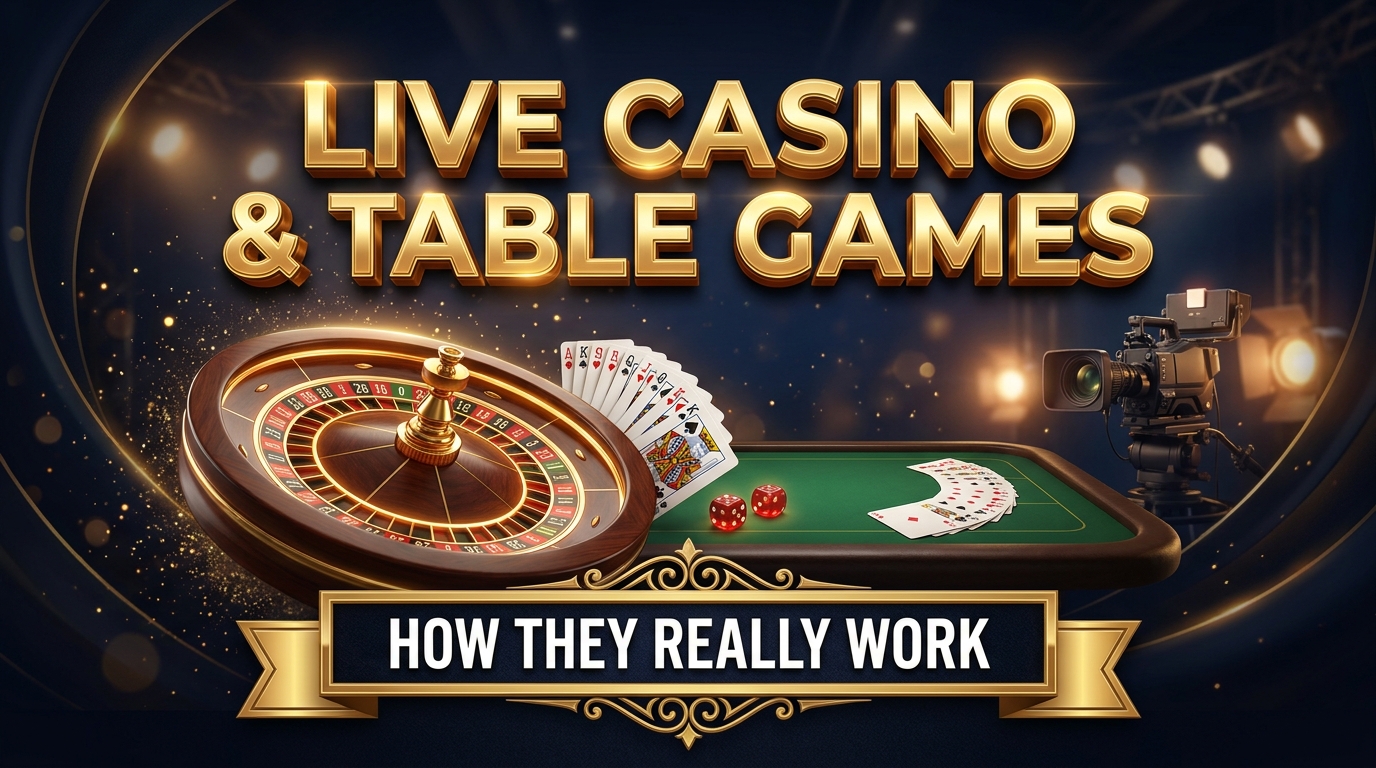 Live casino and table games explained: roulette wheel, cards and a studio camera