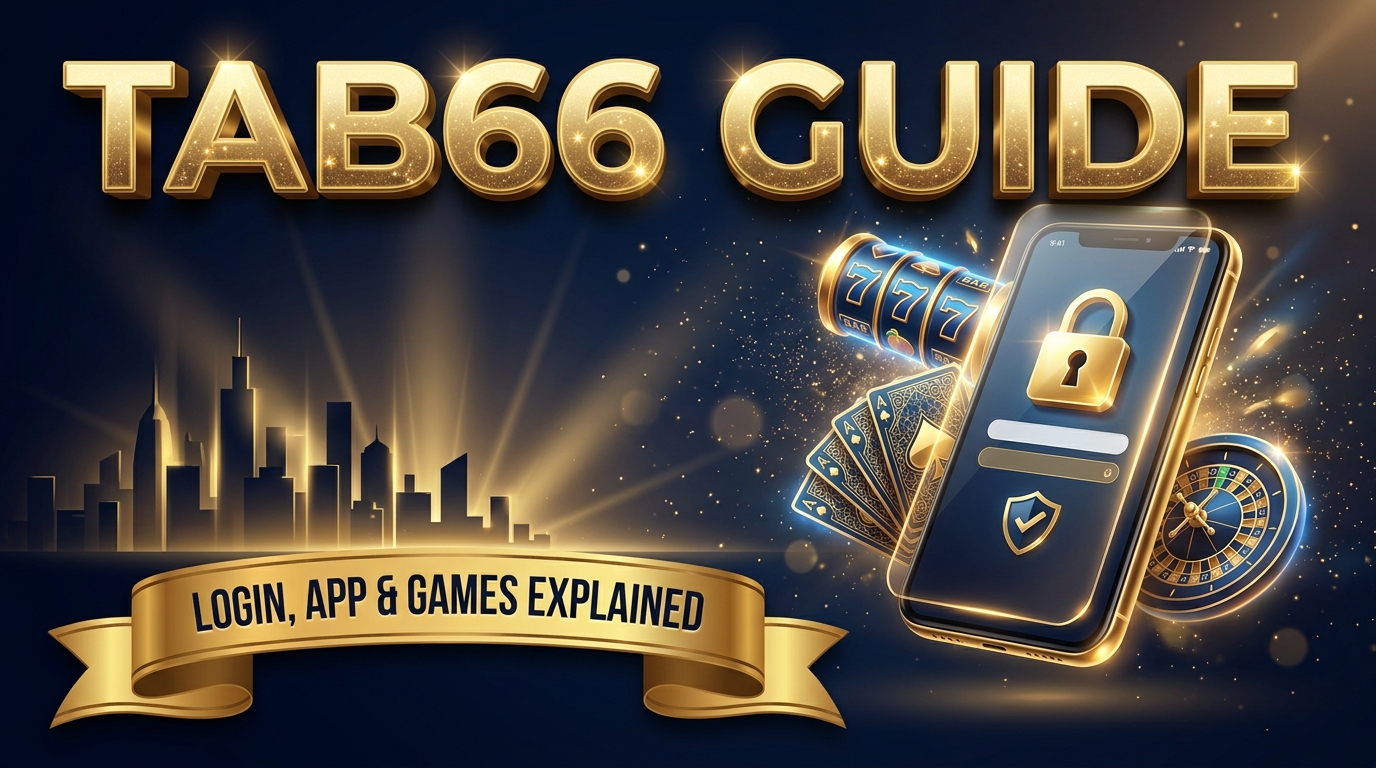 Tab66 guide banner: secure login on a smartphone with slot reels, playing cards and a roulette wheel