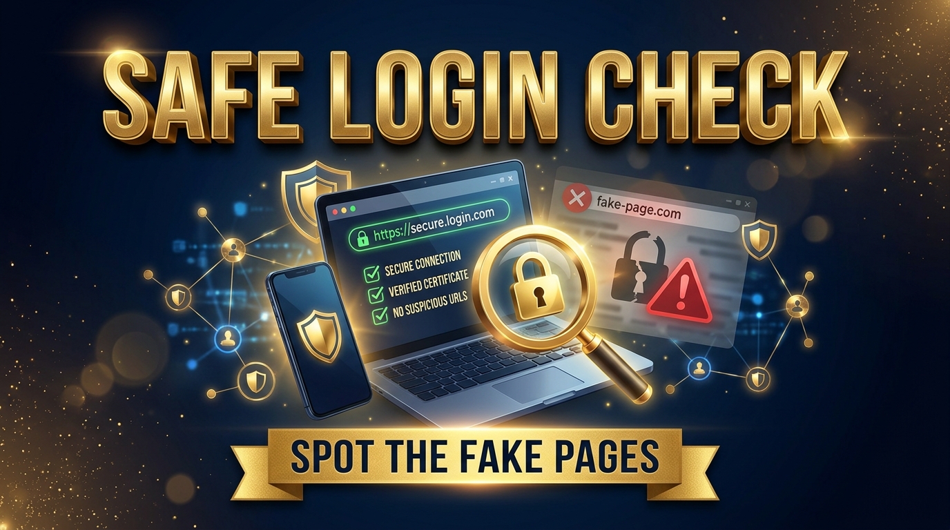 Tab66 safe login check: secure HTTPS address bar, checklist and a flagged fake page